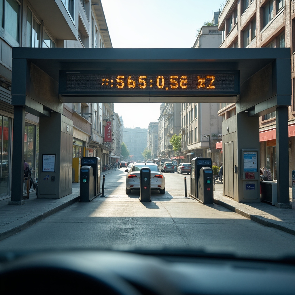 Ingresso parcheggio commerciale con sbarra automatica e sistema di controllo