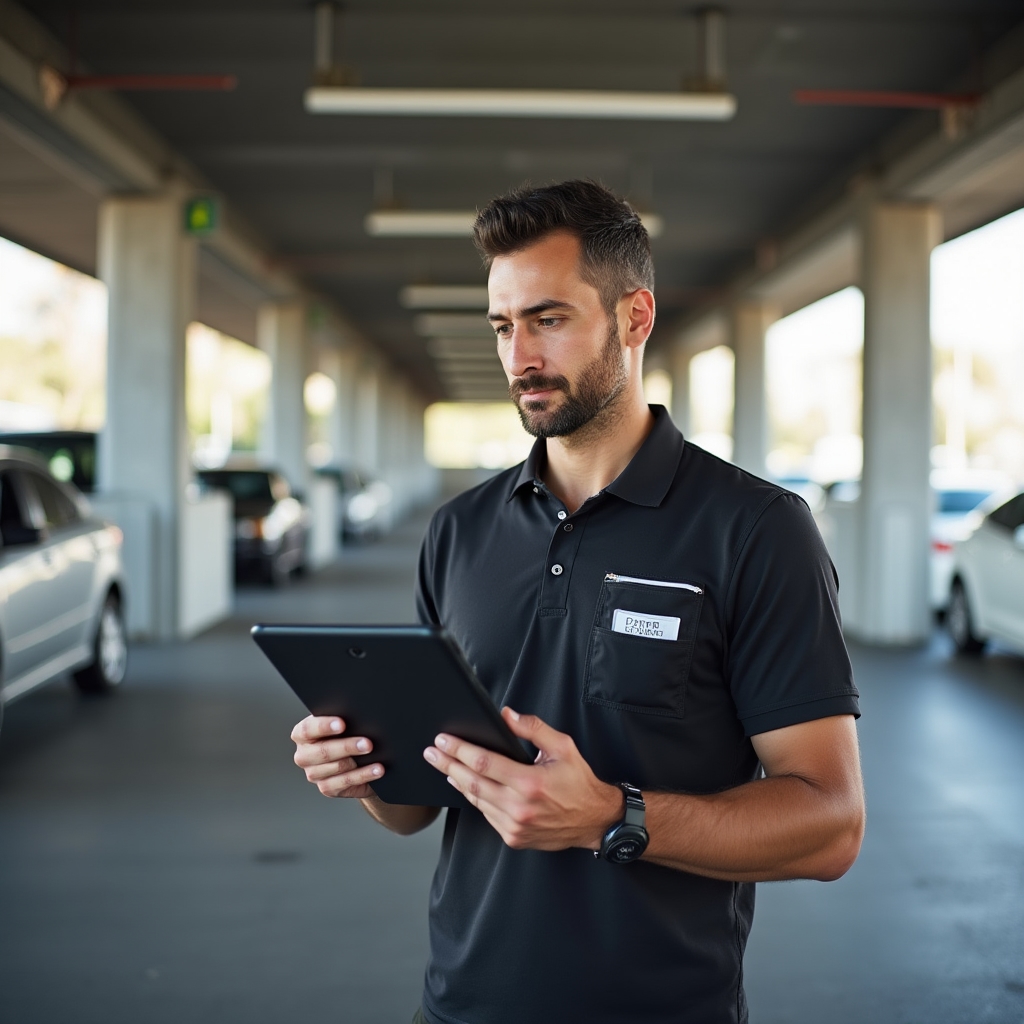 Operatore di parcheggio che utilizza tablet con software di gestione