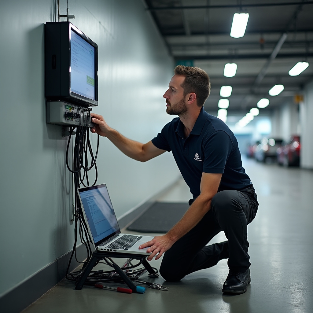 Tecnico che configura il sistema software presso un'autorimessa
